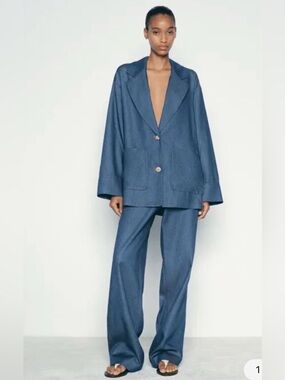 Zara Blue Denim Like Blue Pants Suit Set Oversized Blazer Small/XS
